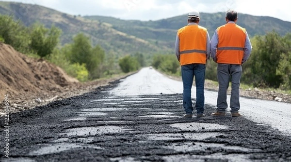 Fototapeta Two construction workers inspect a new road. Image depicts road construction progress and quality control.