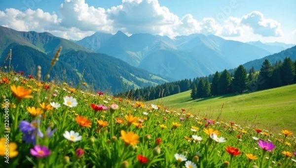 Fototapeta Pasture in full bloom with colorful wildflowers and gentle mountain peaks in the background, hillside, flowers