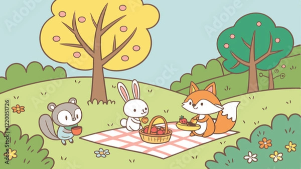 Obraz Colorful cartoon picnic scene in a bright meadow with cute animals like rabbits, foxes, and squirrels enjoying food, flowers blooming, trees swaying, and a sunny blue sky in a charming vector style