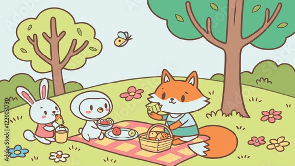 Obraz Colorful cartoon picnic scene in a bright meadow with cute animals like rabbits, foxes, and squirrels enjoying food, flowers blooming, trees swaying, and a sunny blue sky in a charming vector style