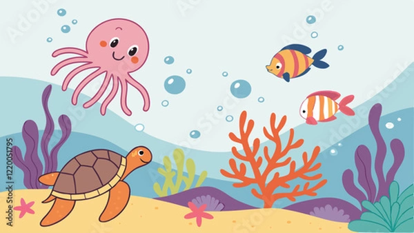 Obraz Vivid underwater cartoon vector filled with adorable sea creatures like octopus, turtles, and fish, swimming through colorful coral reefs with bubbles, bright blue water, and a playful marine atmosphe