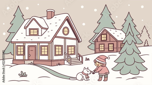 Obraz Cozy winter village in vector style featuring cartoon houses, snow-covered roofs, children playing, building a snowman, and twinkling lights on trees with a cheerful and festive holiday vibe