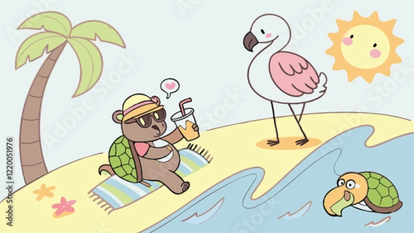 Obraz Playful beach cartoon vector featuring animals like bears surfing, turtles sunbathing, and flamingos sipping coconut juice with palm trees, sandy shorelines, and a bright sunny atmosphere