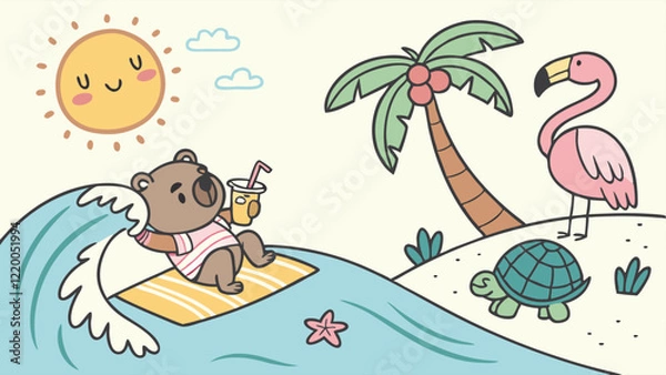Obraz Playful beach cartoon vector featuring animals like bears surfing, turtles sunbathing, and flamingos sipping coconut juice with palm trees, sandy shorelines, and a bright sunny atmosphere