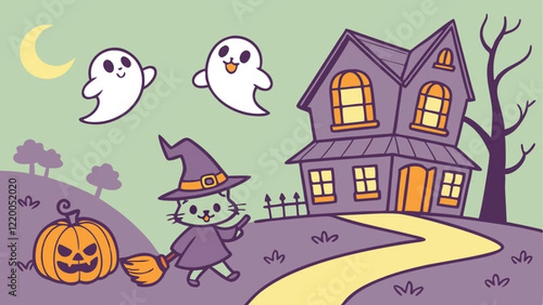 Obraz Halloween-themed cartoon vector scene with pumpkins, friendly ghosts, and a cheerful witch cat flying on a broomstick near a spooky yet inviting haunted house under a glowing moon