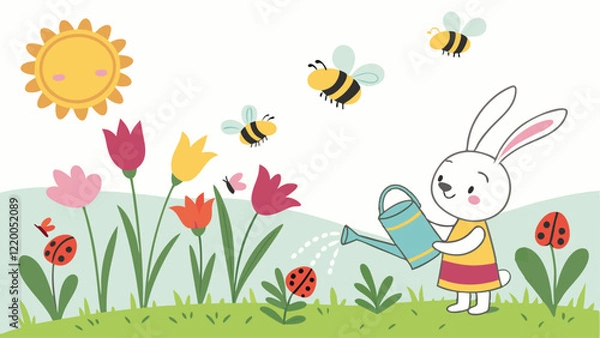 Obraz Cheerful spring garden vector art with smiling bees, butterflies, and ladybugs flying around flowers, a bunny watering plants, and a bright sunny sky, full of vibrant and playful colors