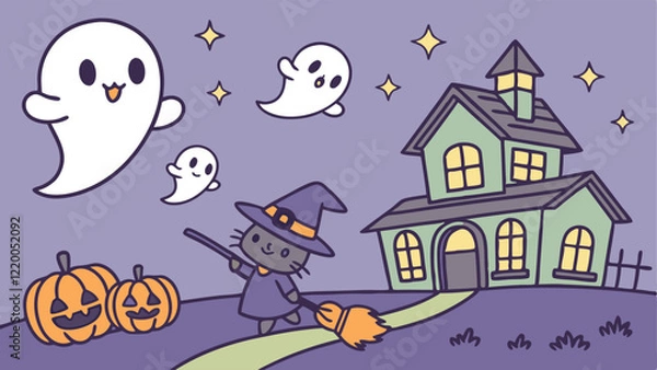 Obraz Halloween-themed cartoon vector scene with pumpkins, friendly ghosts, and a cheerful witch cat flying on a broomstick near a spooky yet inviting haunted house under a glowing moon