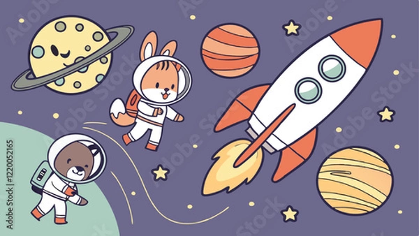 Obraz Playful outer space cartoon vector featuring cute animal astronauts like a bunny, bear, and fox, surrounded by smiling planets, stars, a rocket ship, and a vibrant galactic background