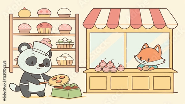 Obraz Delightful bakery vector art featuring cute animal bakers like a panda making bread, a fox decorating cupcakes, and shelves filled with colorful pastries in a cheerful and cozy bakery setting