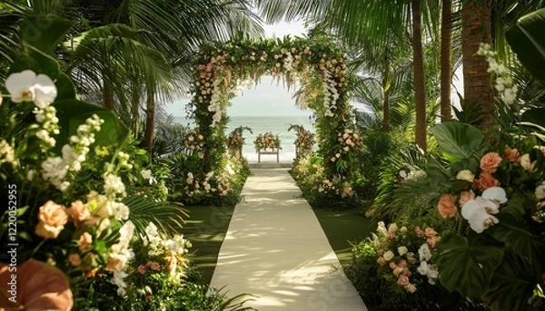 Fototapeta dreamy wedding setup featuring a serene floral pathway, lush greenery, and elegant palm trees, creating a beautiful backdrop for a memorable ceremony