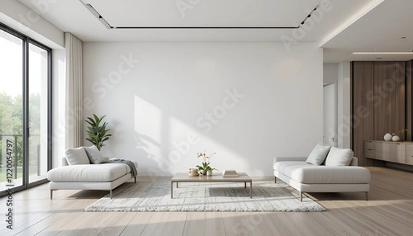 Obraz A spacious,   with an empty  modern living room and a blank wall for mock-up 