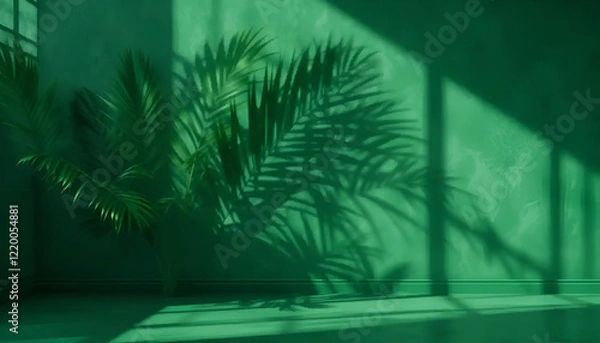 Obraz  palm leaves casting shadows on a green wall and  floor, creating a summer tropical in an empty room