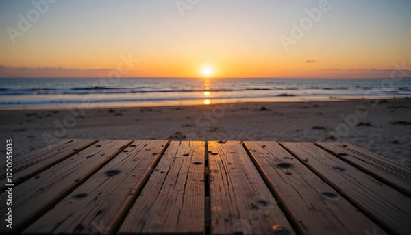 Obraz A beautiful view of  a wooden table near the beach and the sunset behind it.