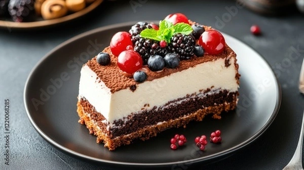 Fototapeta A delicious slice of layered cake topped with berries and mint on a black plate.