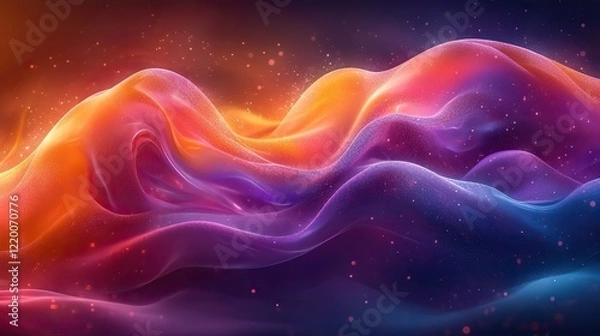 Fototapeta Glossy headphones on a backdrop of abstract colorful waves in orange, purple, and pink hues, with copy space for text or design elements.