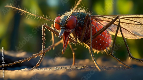 Fototapeta Close-up of a Detailed Mosquito with Vibrant Eyes Under Natural Light Highlighting Intricate Features and Textures in Nature Environment