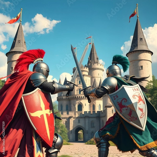 Obraz Knights dueling in front of a medieval European castle, atmosphere of determination, colorful armor and feathers, swords and shields. Generative AI.