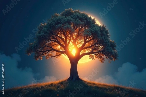 Obraz radiant tree of life illuminated by soft moonlight, serene, tranquil, glow