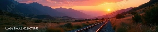 Fototapeta Rail trail disappearing into the mountains at dawn, scenery, sun rise, nature