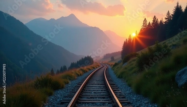 Fototapeta Rail trail disappearing into the mountains at dawn, foggy morning, nature, trail