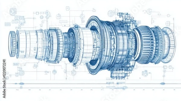 Fototapeta Technical blueprint of a turbine engine showcasing detailed components and design.