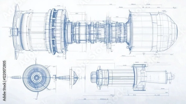 Fototapeta Technical blueprint of a turbine or engine component showcasing design and engineering details.