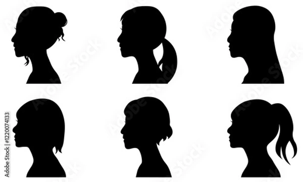 Obraz 女性の横顔シルエット集・多様なヘアスタイルのデザイン素材
