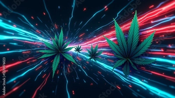 Fototapeta A dynamic marijuana background with flowing lines in vibrant colors, creating an energetic and lively atmosphere. The cannabis leaves are integrated into the motion, enhancing the overall design's ene