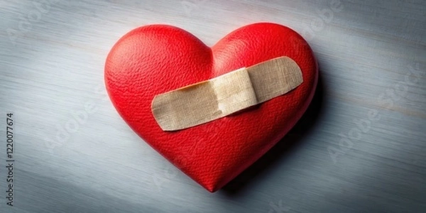 Fototapeta A broken heart with a plaster bandage wrapped around it, symbolizing the attempt to heal emotional wounds , emotional trauma, emotional hurt