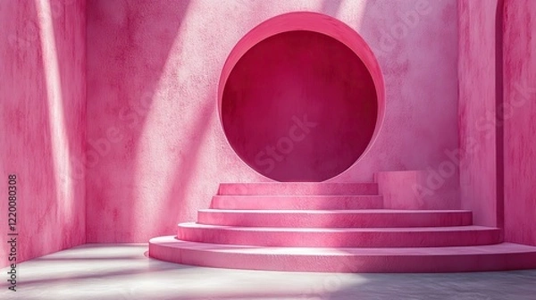 Fototapeta Minimal pink stage with circle podium, soft rose shadows, ideal for showcasing cosmetic products.