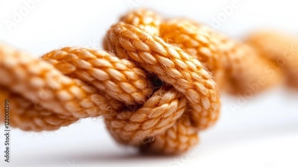 Fototapeta Yellow rope knot with intricate fibers on white background. Generative AI