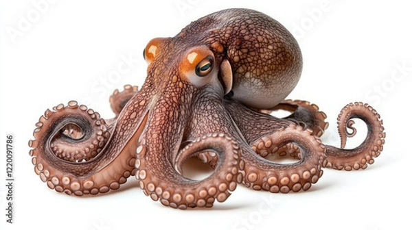 Fototapeta "exploring the anatomy and texture of a common octopus in seafood photography: close-up of octopus vulgaris tentacles, mantle, eye, and skin on a white background"