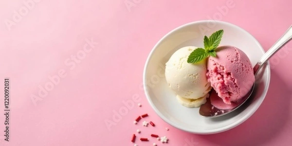 Fototapeta A delightful duo of creamy vanilla and berry ice cream scoops served in a pristine white bowl, adorned with a refreshing mint sprig and scattered sprinkles, rests on a soft pink backdrop.