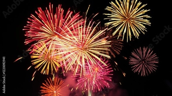 Fototapeta A vibrant display of colorful fireworks lighting up the night sky in various shapes and sizes, creating a festive atmosphere.