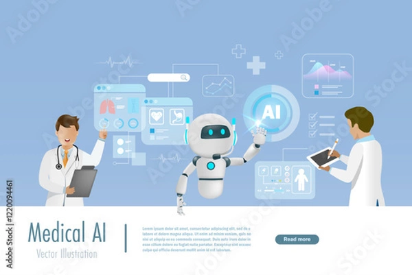 Fototapeta AI robot touch AI medical data network connecting. Artificial intelligence innovation technology for diagnosis, care, and increasing accuracy patient treatment. Medical research and development.