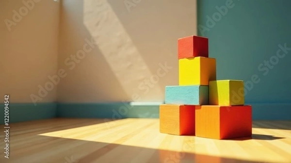 Fototapeta Brightly colored wooden blocks forming a small tower in a sunlit room