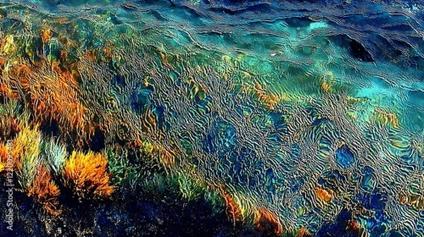 Obraz A clear, peaceful freshwater stream winding its way through a vibrant forest. Sunlight dapples the water, creating patches of light and shadow across the forest floor, while the streamâ€™s gentle