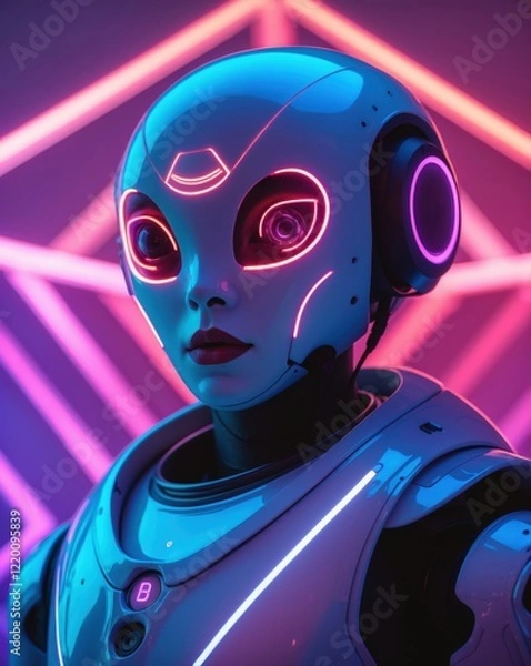 Fototapeta A futuristic robot with glowing features stands against a vibrant geometric backdrop, showcasing a blend of technology and artistry.