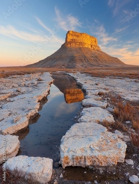 Fototapeta A stunning landscape featuring a prominent rock formation reflecting in a shallow stream under a colorful sky at sunset.