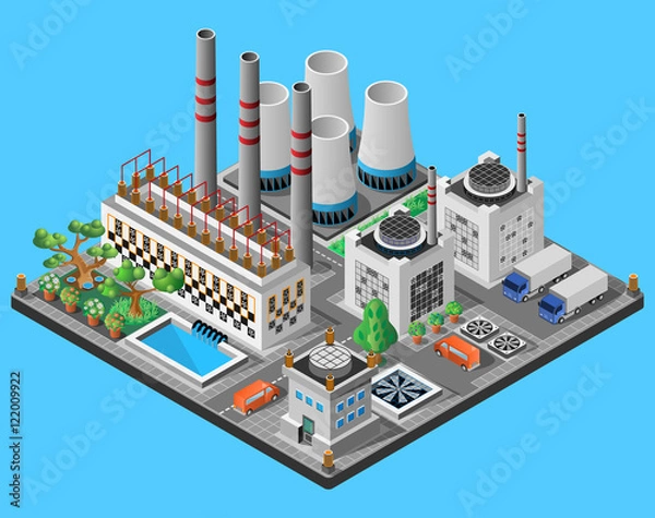 Obraz Nuclear power plant. Icon or infographic element. 3D isometric view. Vector illustration.