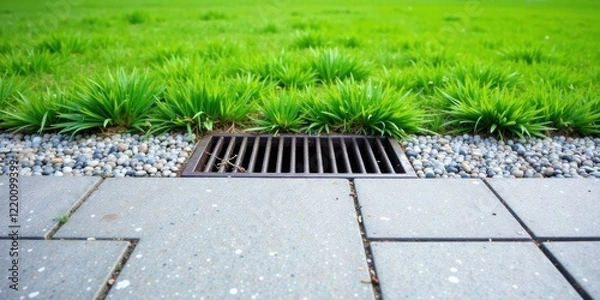 Fototapeta A metal grate drainage system nestled within a vibrant green lawn, bordered by smooth stones and gray paving stones.