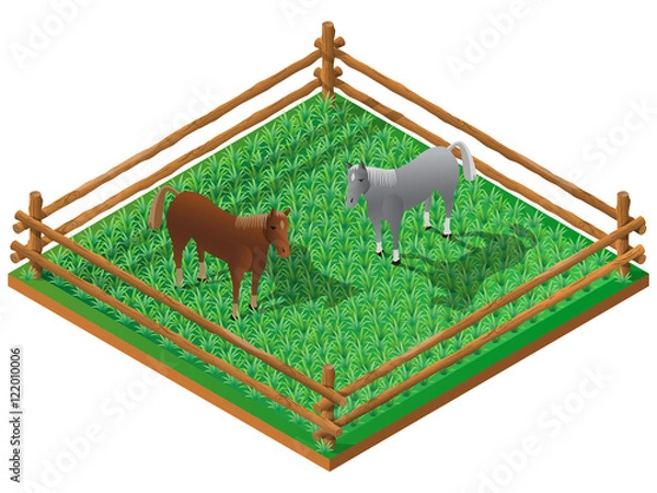 Obraz Two horses in pasture. 3D isometric view. Vector illustration.