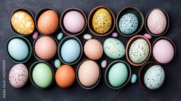 Fototapeta Colorful Easter Eggs Arranged in Bowls on Dark Surface