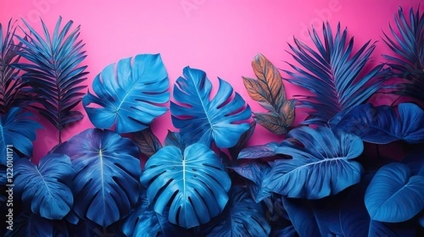 Fototapeta Trendy turquoise colored close-up of various tropical leaves against a vibrant pink and violet background.