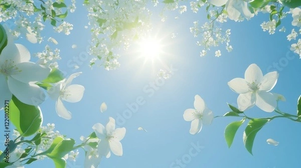 Fototapeta 68.2. A top-down view of blooming apple blossoms, with soft white petals reaching towards the sun, set against a clear blue sky, symbolizing the arrival of spring and the celebration of major