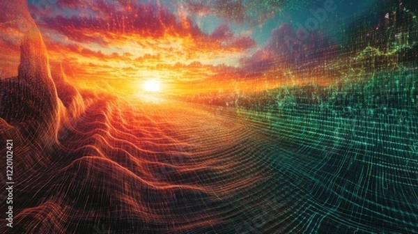 Fototapeta 17.4. A visualization of binary data transmission, showing radiant streams of 0s and 1s flowing through a glowing grid structure, set in an abstract digital landscape.