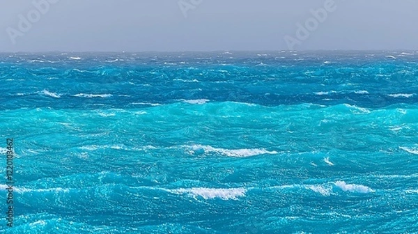 Fototapeta Vibrant blue water stretches out before you, with gentle, rolling waves creating a peaceful atmosphere. The water moves calmly, reflecting the bright sun above, and the entire scene exudes tranquility