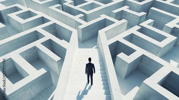 Obraz A man is walking up a set of stairs in a maze