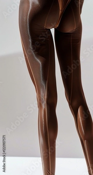 Fototapeta Close-up of a person's legs in shiny brown tights with subtle vertical seams. The sleek material and minimalist design create a modern, stylish look.