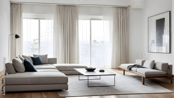 Fototapeta Modern minimalist living room with light beige sectional sofa, wooden daybed, and large windows draped in sheer and linen curtains.